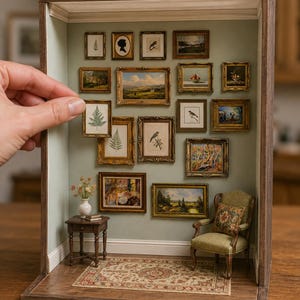 May include: A miniature room box display featuring a sage green wall adorned with numerous small framed art prints, a dark wood side table with a white vase, a green upholstered armchair with a floral pillow, and a patterned area rug on the floor.