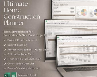 Planificador de construcción de viviendas definitivo: hoja de cálculo de Excel, seguimiento de presupuesto de renovación, diagrama de Gantt para gestión de proyectos, pestañas de habitaciones y panel de costos.