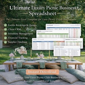 Op de afbeelding: Een picknickopstelling met een houten tafel, kussens en bloemstukken. De afbeelding toont een spreadsheet sjabloon voor een luxe picknickbedrijf, met de tekst "Ultimate Luxury Picnic Business Spreadsheet" en "Instant Download."