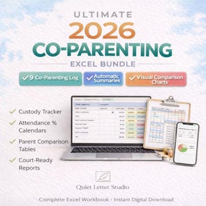 Può includere: Una pubblicità per un pacchetto Excel di co-genitorialità 2026. L'immagine presenta un laptop, una clipboard e uno smartphone che mostrano fogli di calcolo e grafici. Il pacchetto include un registro di co-genitorialità, riepiloghi automatici e grafici di confronto visivi. Il testo menziona anche il monitoraggio dell'affidamento, i calendari delle presenze, le tabelle di confronto dei genitori e i rapporti pronti per il tribunale.