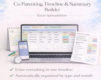 May include: A laptop displaying a spreadsheet labeled "Co Parenting Timeline & Summary Builder." A smartphone, calendar, and clock are next to the laptop. Text on the image says "Enter everything in one timeline," "Automatically organised by type and month," and "Print a clean summary anytime."