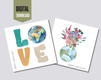 Conjunto de cartões para o Dia da Terra | Desenhos de planetas em aquarela (Download digital)
