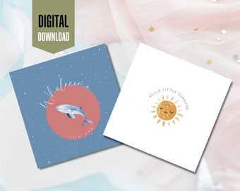 Conjunto de Cartões de Boas-Vindas para Bebês | Desenhos de Baleia e Sol (Download Digital)