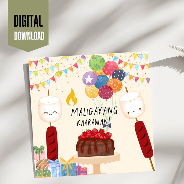 Maligayang Kaarawan (Happy Birthday) Filipino Card, Marshmallow Hotdog Happy Birthday, Card with Envelopes, Filipino Themed Art, Philippines