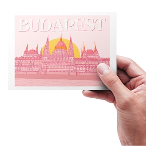 Impressão digital de arte de viagem em estilo de cartão postal rosa Budapeste