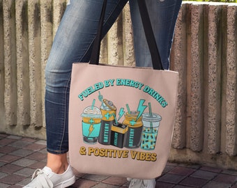Borsa tote Fueled by Energy Drinks, borsa tote Energy Drink, borsa tote caffè, borsa libro Funny Sayings, amante del caffè, regalo caffè, borsa tote trendy