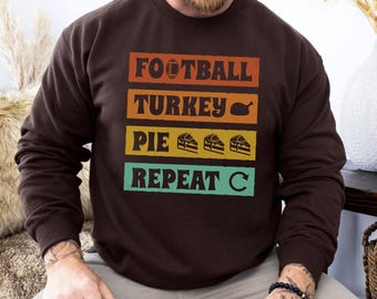 Grappig kalkoen, voetbal, taart, herhalingssweater, Thanksgiving ronde hals, Thanksgiving trui cadeau, retro kalkoen voetbal fleece cadeau voor hem