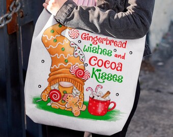 Gnome tote bag, Personalized totebag, Gingerbread tote bag, Christmas totebag, Gingerbread Wishes and Cocoa Kisses totebag, Mom Gift