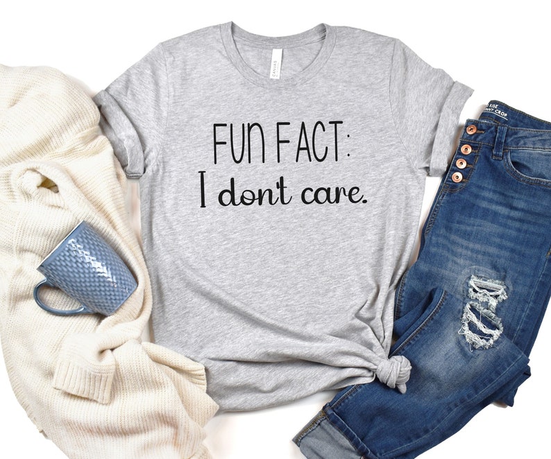 May include: A gray t-shirt with the text "FUN FACT: I don't care." printed in black.