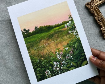 Original gouache painting-peach meadow sunset painting-gouache landscape painting-landscape illustration-sunset painting-nature painting