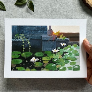 Divine-original gouache painting-gouache illustration-waterlilly pond painting-antique style painting-antique style building painting-art