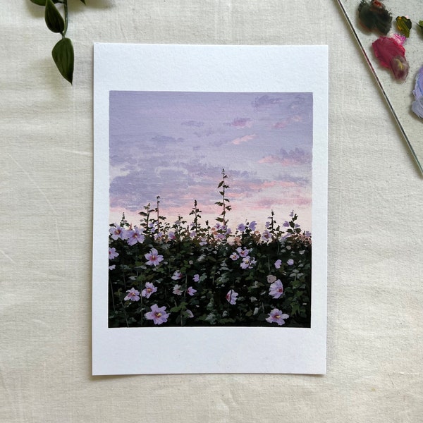 Terre violette-peinture gouache originale-peinture prairie esthétique-rose de Sharon peinture-paysage violet peinture-gouache paysage