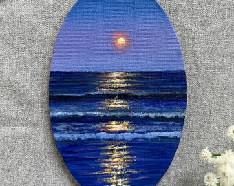 Purple blue ocean-original acrylic painting-seascape painting-oval canvas-acrylic painting on canvas-ocean painting- moonlitocean painting-