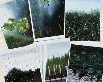 Pluviophile series A6 art  prints-art prints-gouache art prints-giclée prints-greenery paintings-postcard set-art print set-mini art prints