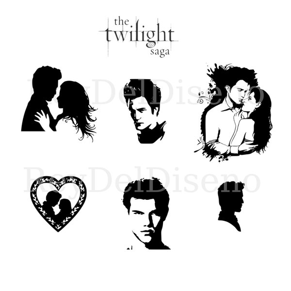 7 Digital SVG Png Eps Pdf Svg Dxf Bella Jacob Edward Charlisle Cullen and Wolf silhouette, vector, clipart. Movie actors silhouette