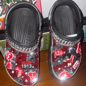 Custom Red & Pearl Bling Crocs /Elegant Rhinestone Slides/Gift for Sorority Sister, Birthday , or Girls’Trip