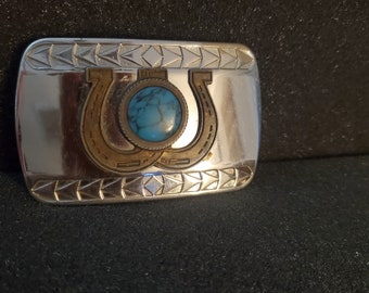 Turquoise Looking Horse Shoe Silver Vintage Belt Buckle