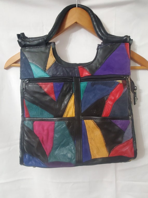 Vintage 80s 90s Leather Black Multi Color Patchwork Small Crossbody Bag  Purse