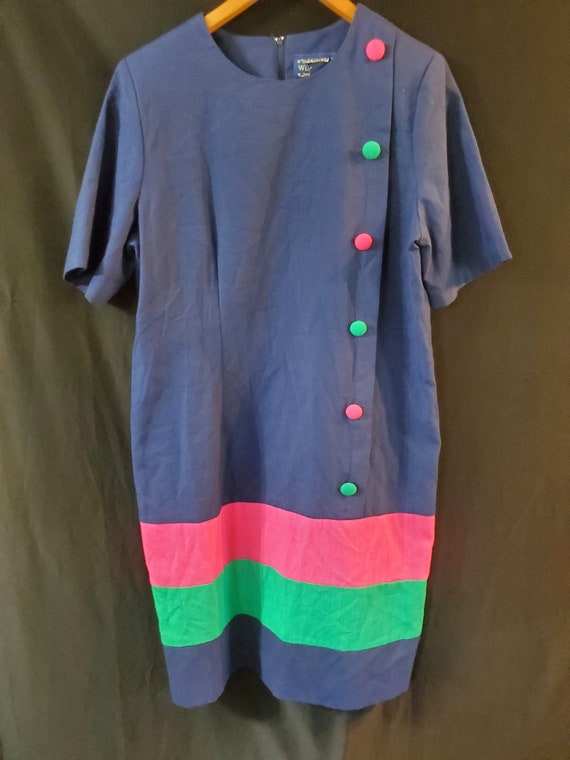 1980s Blue and Colorful Sheath Dress