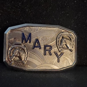 Unique &quot;Mary&quot; with Horses Silver Vintage Belt Buckle