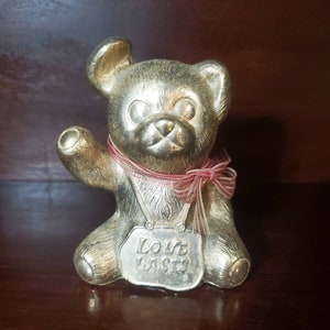 Small Metal Vintage Bear Coin Bank, says Love Lasts