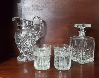 Vintage Crystal Bar Set, Decanter Water Pitcher & 2 Double Old Fashioned Tumblers