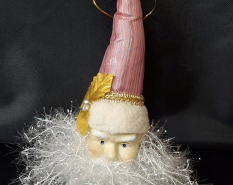 Porcelain Head, Pink Hat Santa Ornament