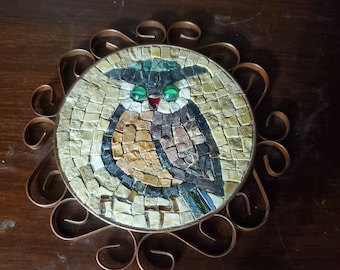 Vintage Owl Stone Mosaic Wall Hanging or Trivet