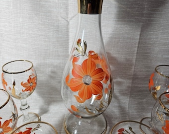 Vintage MCM Decanter with 6 Goblets, Hand Painted with Gold Relief Details