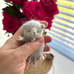 May include: A miniature, fuzzy, light gray knitted kitten figurine with a small white patch on its face, closed eyes, and tiny stitched details on its paws. The small, soft-textured toy is held in a palm, showcasing its delicate, handcrafted construction.