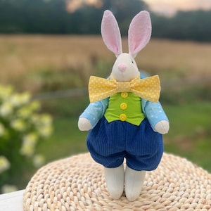 Textile bunny boy toy, soft suede rabbit in fashion outfit, handmade gift, tilda style interior doll