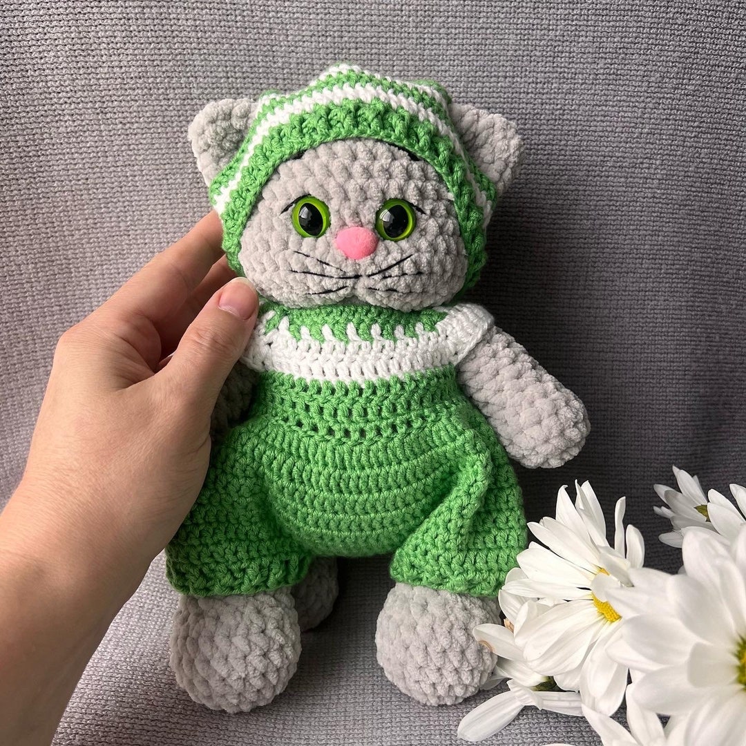 Handmade Crochet Kitten Toy in Pink Jumpsuit