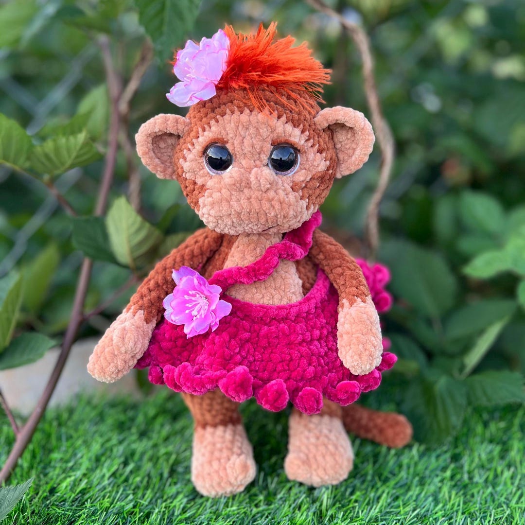 Plush Monkey Girl in Pink Velour Dress, Stuffed Animal Cuddle Doll ...