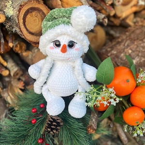 Plush Snowman crochet amigurumi toy in sparkle winter pompom hat and vest, cute Christmas gift