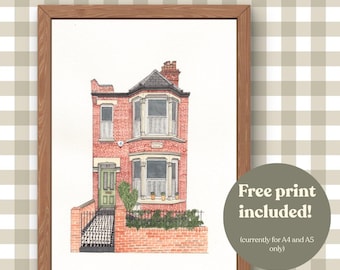 Op de afbeelding: Een ingelijste aquarelillustratie van een rood bakstenen huis met een groene voordeur, erkers en een zwart metalen hek. De tekst luidt: Original, hand painted artwork. Free print included! (currently for A4 and A5 only).