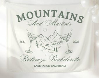 Personalized Camp Bachelorette Party Banner Decor, Mountains and Martinis Custom Wall Tapestry Sign Photo Backdrop for Camp Bach Girls Trip