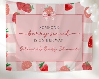 Strawberry Baby Shower Banner Decor, Berry Sweet Baby Shower Backdrop, Pink Strawberry Themed Girl Baby Shower Party Decoration
