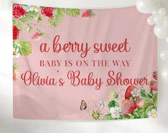 Strawberry Baby Shower Banner Decor, Berry Sweet Baby Shower Backdrop, Pink Strawberry Themed Girl Baby Shower Party Decoration
