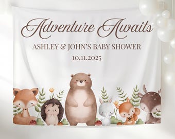 Woodland Baby Shower Banner, Adventure Awaits Photo Backdrop Baby Party Decor, Custom Fabric Tapestry