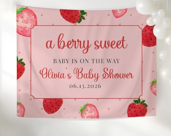 Strawberry Baby Shower Banner Decor, Berry Sweet Baby Shower Backdrop, Pink Strawberry Themed Girl Baby Shower Party Decoration