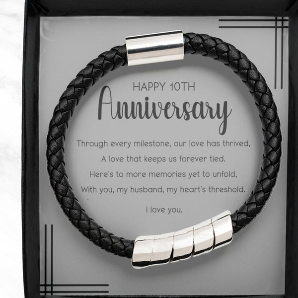 10 Year Anniversary Gift for Husband, Tin Anniversary Gift, 10th Anniversary Gift for Him, Vegan Leather Bracelet for Men, Tenth Anniversary