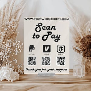 May include: White sign with black text that reads "Scan to Pay" with logos for PayPal, Venmo, and Cash App and their corresponding QR codes. The text "thank you for your support" is below the QR codes. The sign is on a wooden surface.