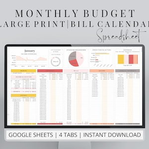 Monthly Budget Spreadsheet Large Print Template for Google Sheets, Budget with Bill Calendar, Monthly Budget Template, Weekly Budget Planner