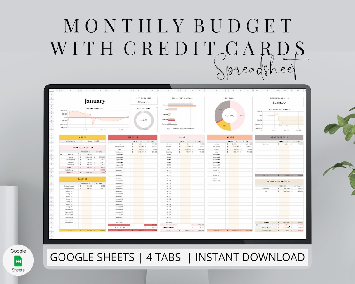 Credit Card Monthly Budget Spreadsheet for Google Sheets, Budget