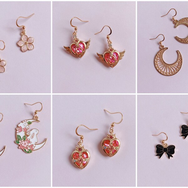 Boucles d’oreilles fleur mignon lune doré earrings  ribbon kitty chic classy kawaii moon