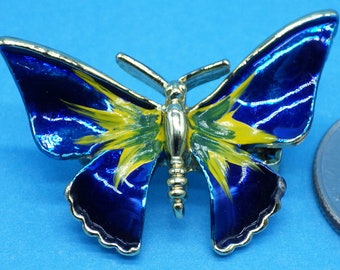 Two Beautiful Butterfly Pins Brooches Gold tone with a Metallic blue enamel with yellow and green