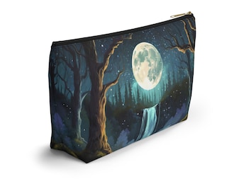 Makeup Travel Bag Gothic Dark Forest with the Light of Moon Bathing the Waterfall Accessory Makeup Pouch w T-bottom Choose Small or Large