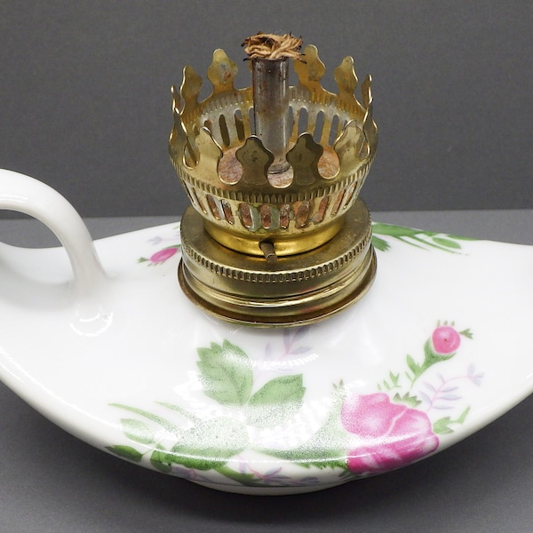 Vintage Mini Porcelain Genie Lamp Oil Kerosene Lamp Base with Pink Roses Missing Glass Chimney
