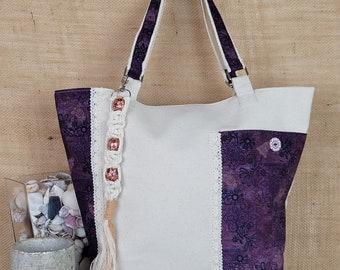 Ivory and Purple Canvas Tote