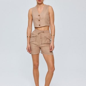 Linen Vest Shorts Women's Suit mink light brown summer outfit, 100% Cotton Linen Vest and Shorts
